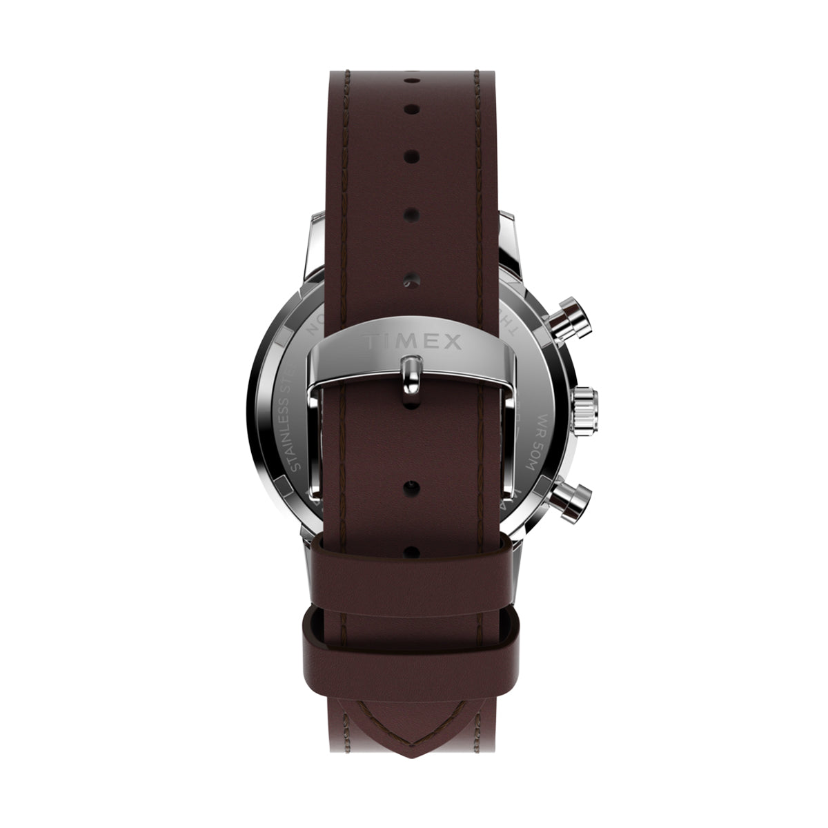 Back view of TIMEX WATCHES Mod. TW2W10200A with brown leather strap and silver casing.