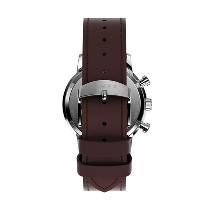 Back view of TIMEX WATCHES Mod. TW2W10200A with brown leather strap and silver casing.