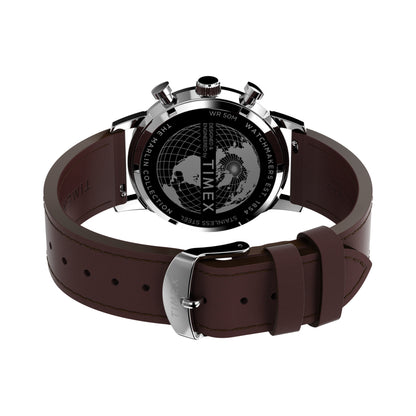 Back view of TIMEX WATCHES Mod. TW2W10200A with brown leather strap and engraved details