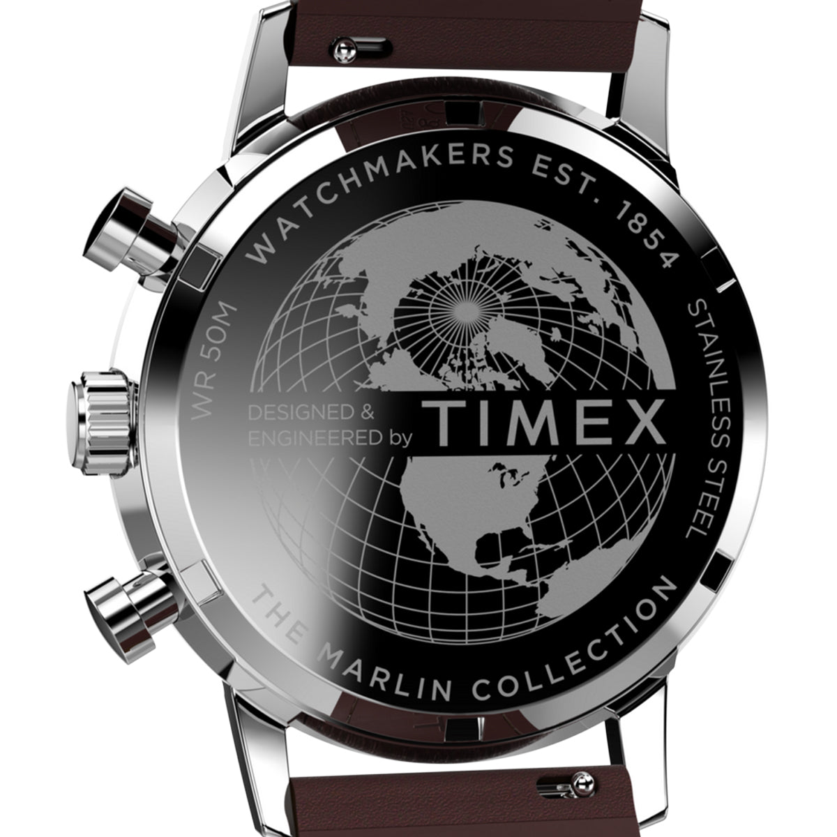 Back view of TIMEX WATCHES Mod. TW2W10200A showing intricate globe design on the stainless steel case.
