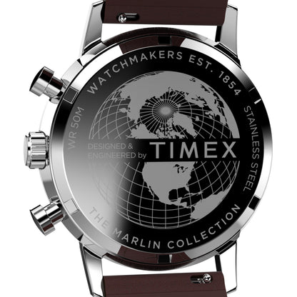 Back view of TIMEX WATCHES Mod. TW2W10200A showing intricate globe design on the stainless steel case.