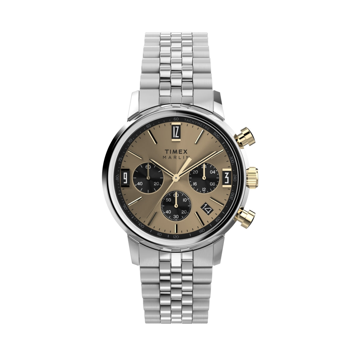 TIMEX WATCHES Mod. TW2W60100 silver watch with gold and black details, featuring a stainless steel bracelet and chronograph dials.