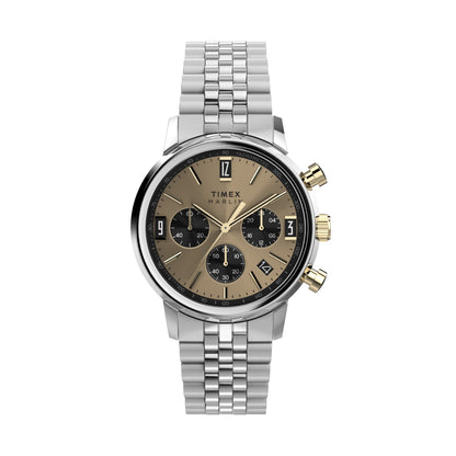 TIMEX WATCHES Mod. TW2W60100 silver watch with gold and black details, featuring a stainless steel bracelet and chronograph dials.