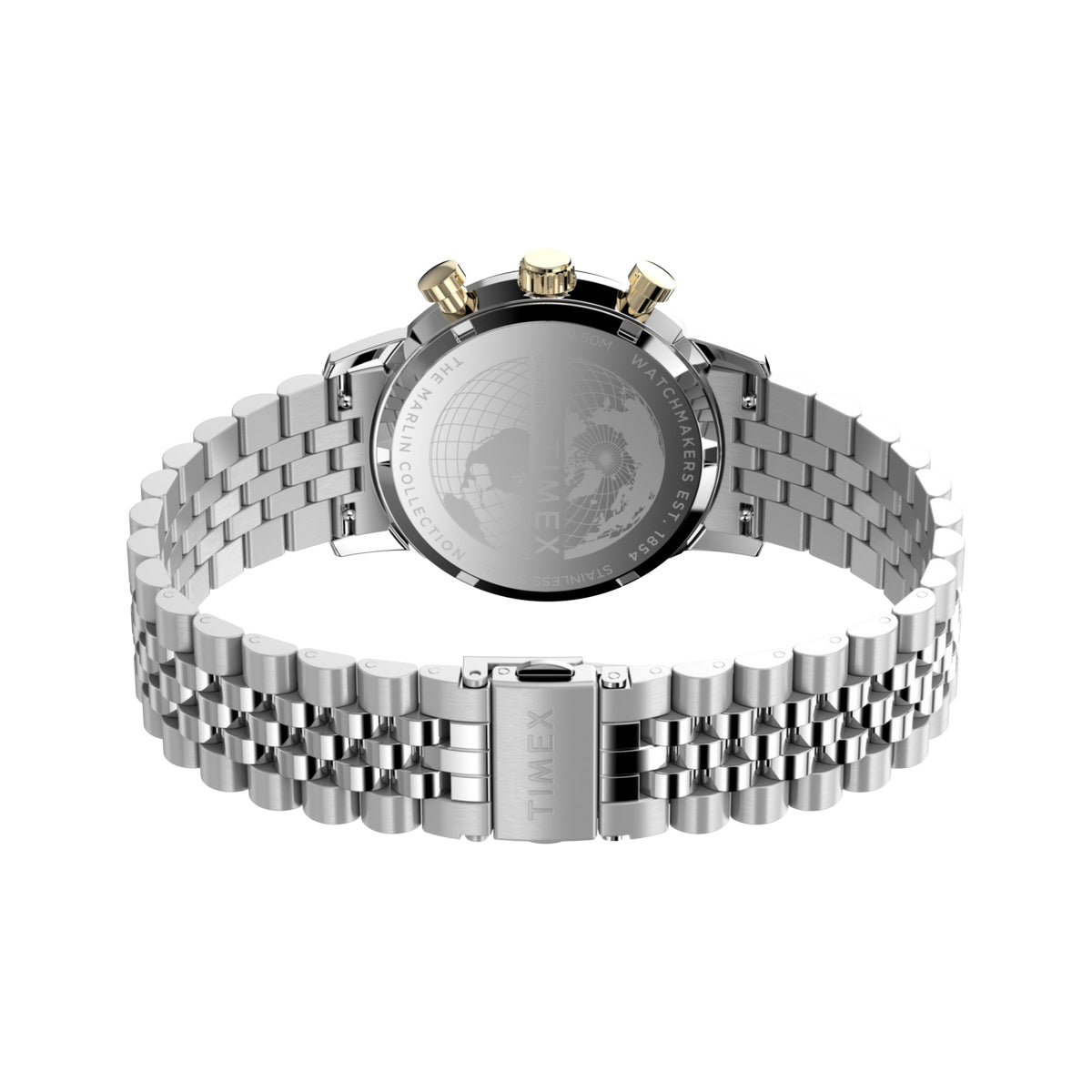 Back view of TIMEX WATCHES Mod. TW2W60100 with stainless steel bracelet and detailing.