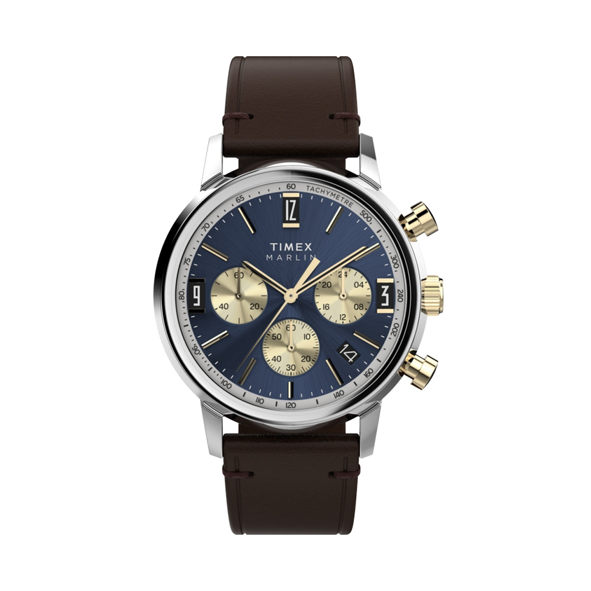 TIMEX WATCHES Mod. TW2W60400 featuring a classic brown leather strap and gold-tone accents on a dark blue watch face.