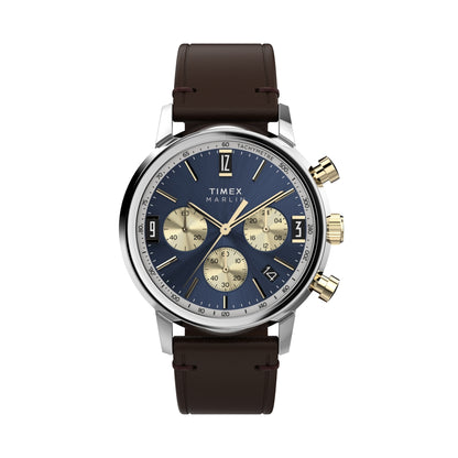 TIMEX WATCHES Mod. TW2W60400 featuring a classic brown leather strap and gold-tone accents on a dark blue watch face.