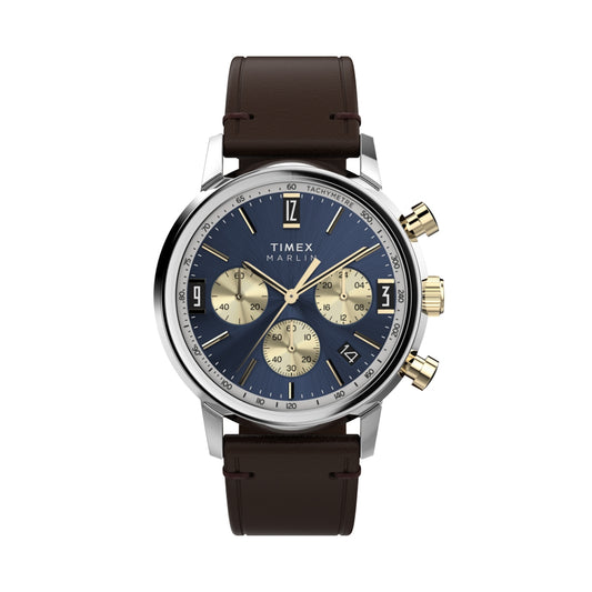 TIMEX WATCHES Mod. TW2W60400 featuring a classic brown leather strap and gold-tone accents on a dark blue watch face.