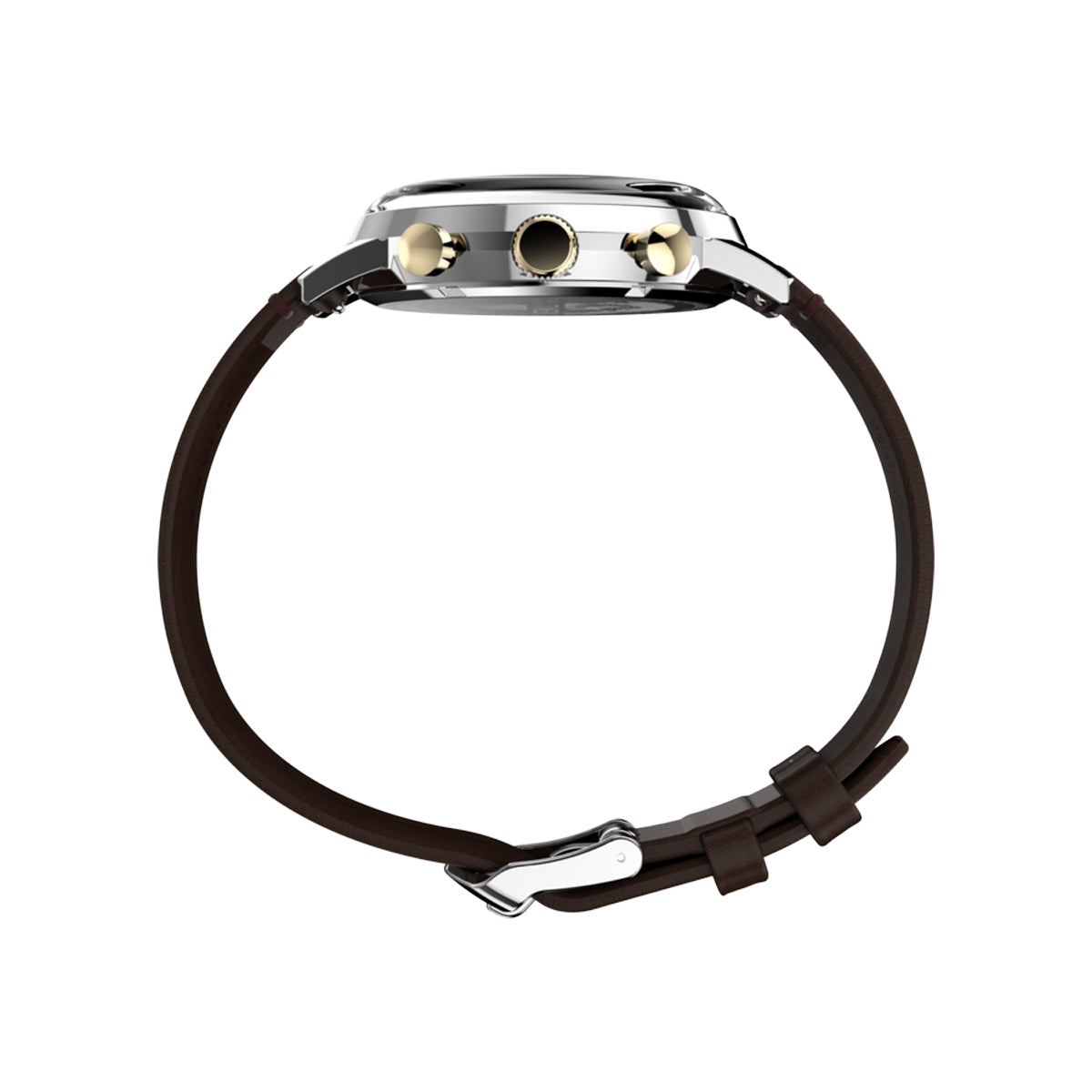 Side view of TIMEX WATCHES Mod. TW2W60400 highlighting the slim profile and brown leather strap