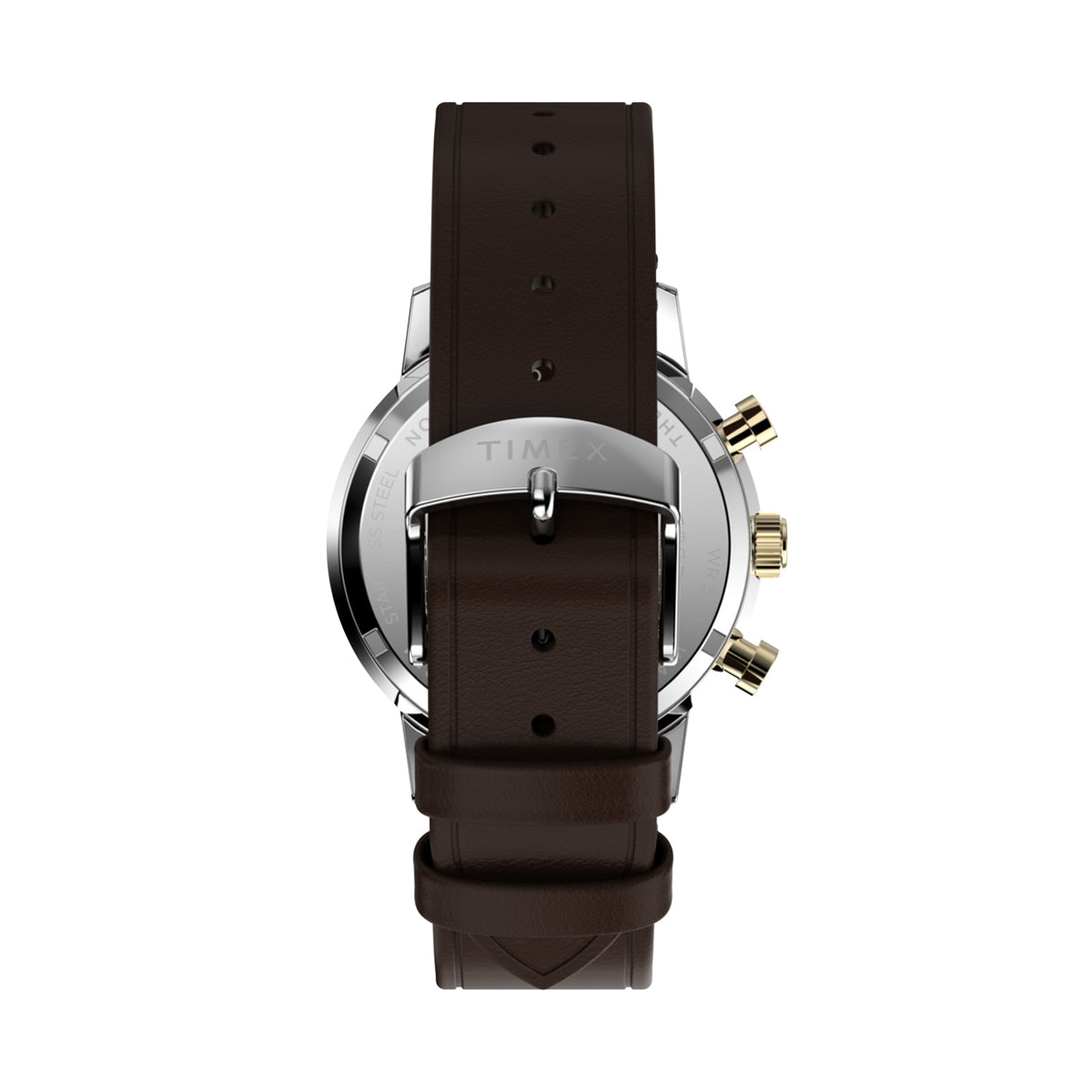 Back view of TIMEX WATCHES Mod. TW2W60400 with brown leather strap and silver buckle