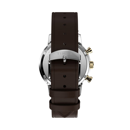 Back view of TIMEX WATCHES Mod. TW2W60400 with brown leather strap and silver buckle