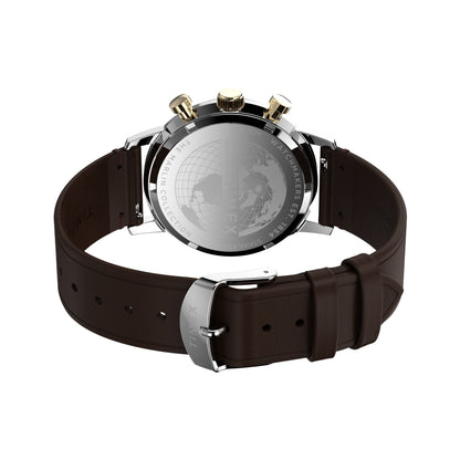 Back view of TIMEX WATCHES Mod. TW2W60400 showcasing the leather strap and engraved details.