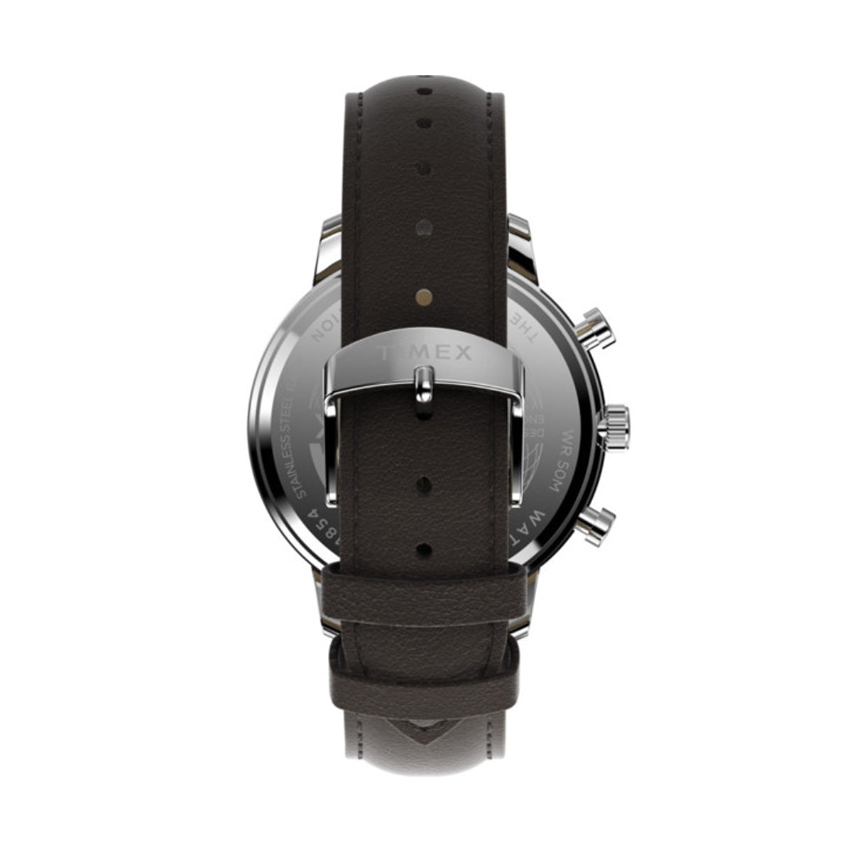 Back view of TIMEX WATCHES Mod. TW2W76200A showcasing leather strap and stainless steel case.