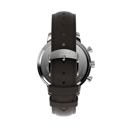 Back view of TIMEX WATCHES Mod. TW2W76200A showcasing leather strap and stainless steel case.