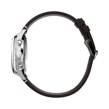 Side view of TIMEX WATCHES Mod. TW2Y24700 with brown leather strap and silver case.