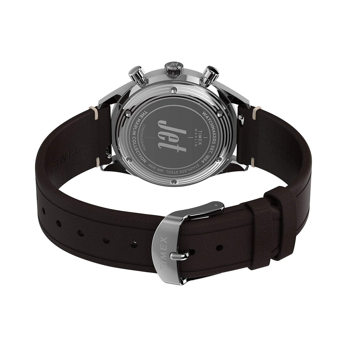 Back view of TIMEX WATCHES Mod. TW2Y24700 with brown leather strap, showcasing the Jet engraving on the watch case.
