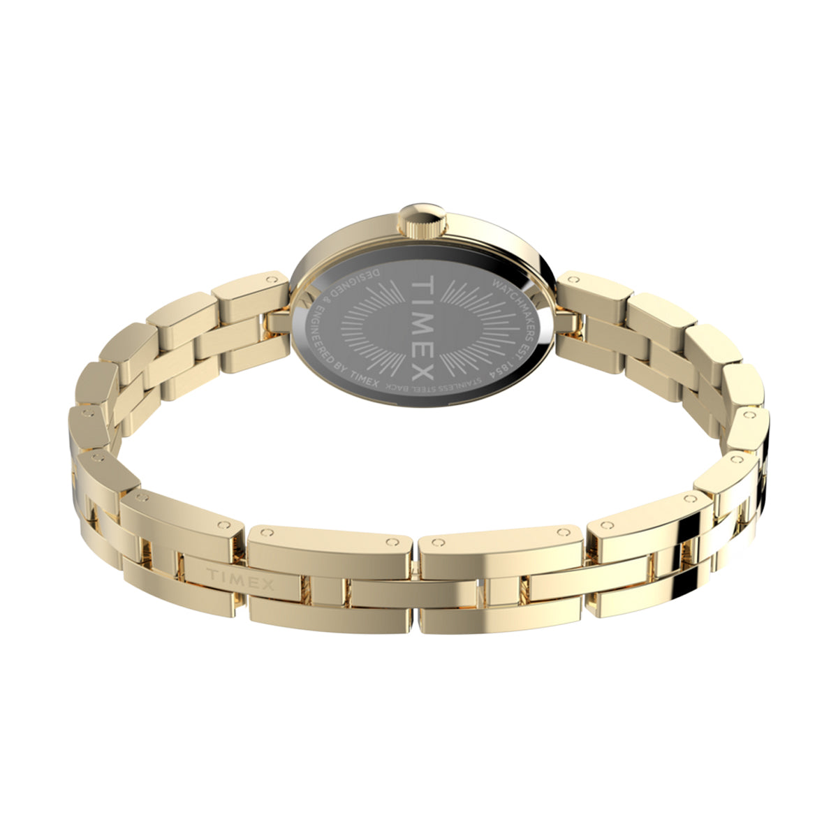 TIMEX WATCHES Mod. TW2Y26700 gold wristwatch with stainless steel strap and back view, showcasing elegant design and craftsmanship.