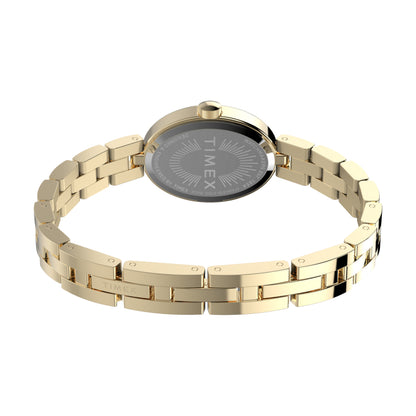 TIMEX WATCHES Mod. TW2Y26700 gold wristwatch with stainless steel strap and back view, showcasing elegant design and craftsmanship.
