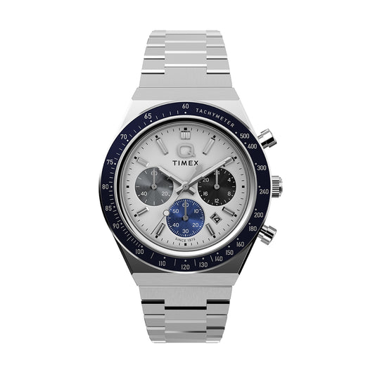 TIMEX WATCHES Mod. TW2Y36200 featuring a stylish silver-tone chronograph design with blue accents and tachymeter.