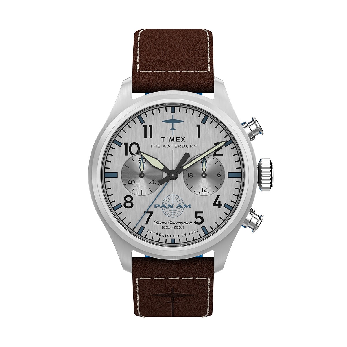 TIMEX WATCHES Mod. TW2Y38700 chronograph with brown leather strap and silver dial