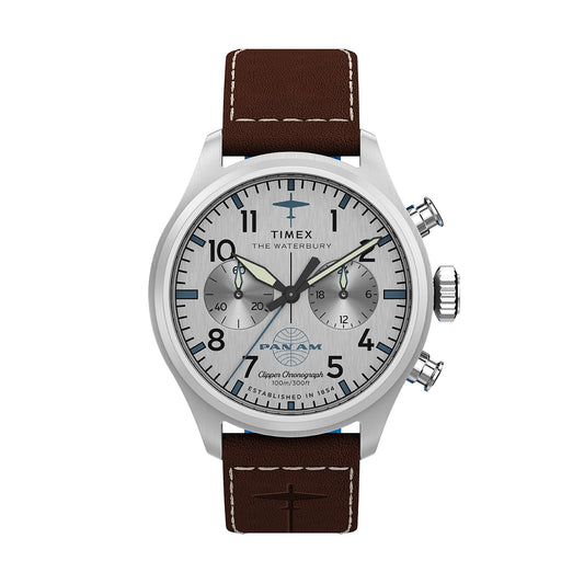 TIMEX WATCHES Mod. TW2Y38700 chronograph with brown leather strap and silver dial