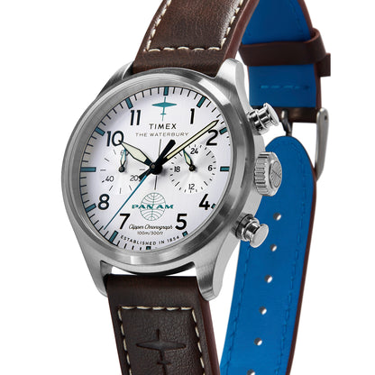TIMEX WATCHES Mod. TW2Y38700 with brown leather strap and silver bezel, featuring chronograph dials and blue accents.