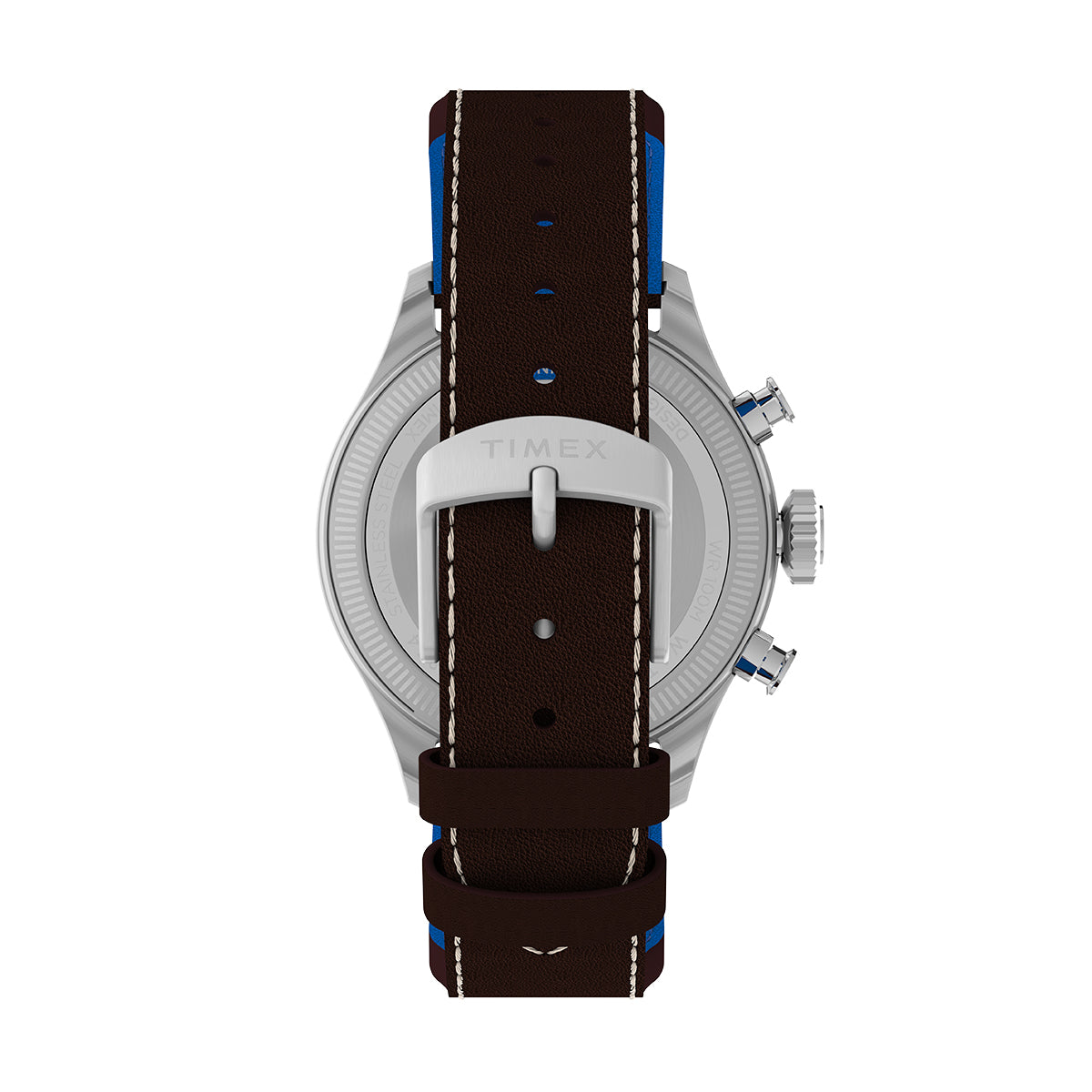 Back view of TIMEX WATCHES Mod. TW2Y38700 showcasing leather strap and steel case