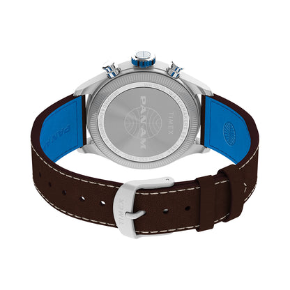 Back view of TIMEX WATCHES Mod. TW2Y38700 with brown leather strap and blue accents.