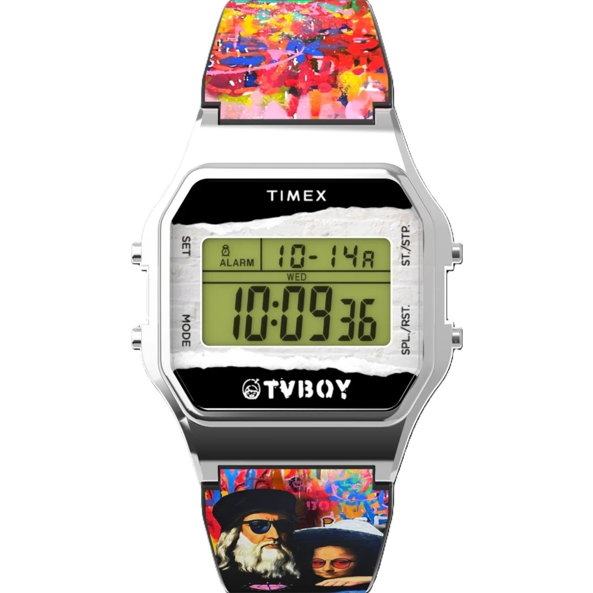 Colorful digital TIMEX WATCHES Mod. TW2Y46800 with artistic strap design and LCD display.