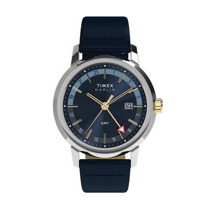 TIMEX WATCHES Mod. TW2Y47900 with black strap and blue dial, displaying gold indices and hands, perfect for elegant styling.