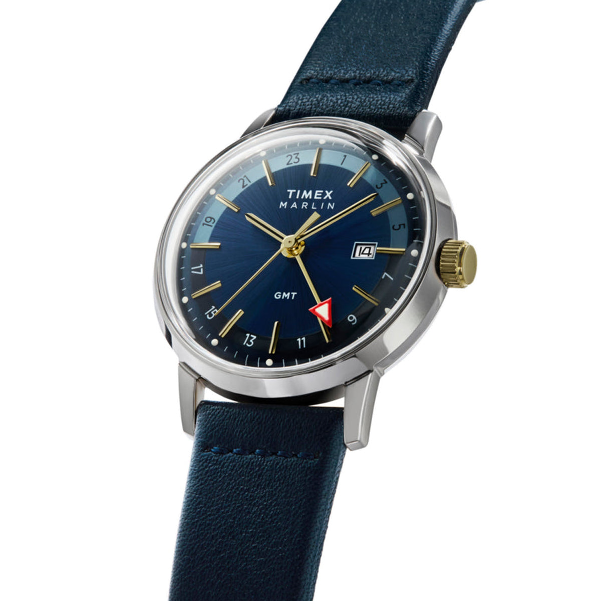 TIMEX WATCHES Mod. TW2Y47900 with blue leather strap and silver case, featuring a blue dial and GMT function