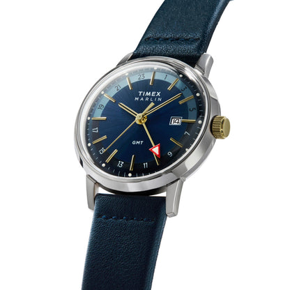 TIMEX WATCHES Mod. TW2Y47900 with blue leather strap and silver case, featuring a blue dial and GMT function