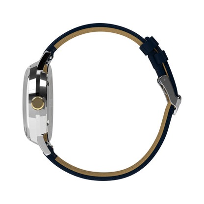 Side view of TIMEX WATCHES Mod. TW2Y47900 showcasing silver case and navy blue strap.