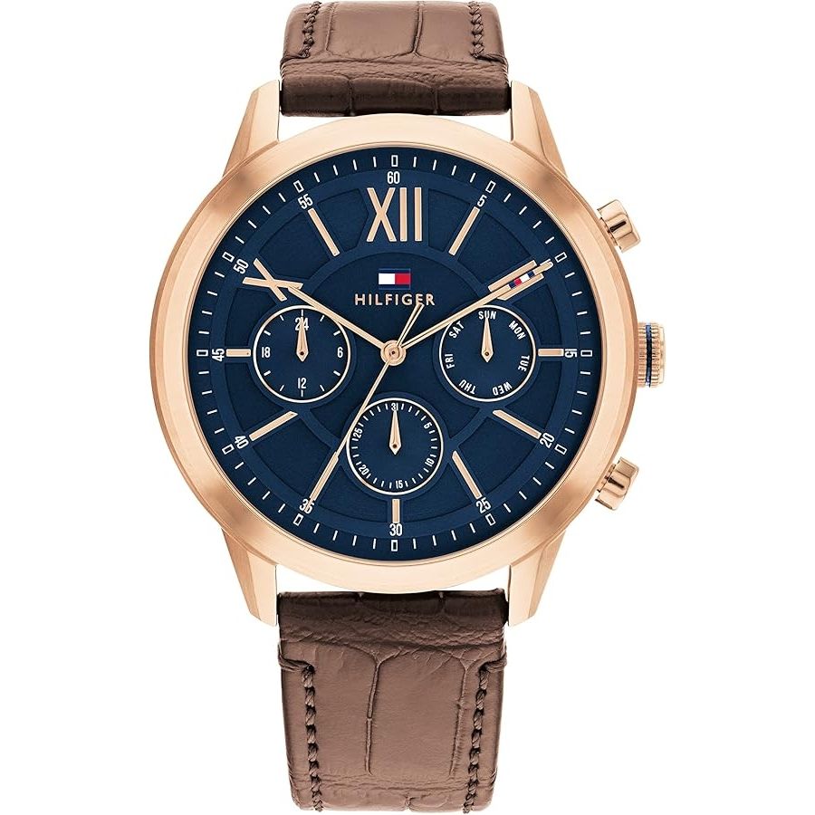 TOMMY HILFIGER Mod. 1710526 gent's quartz analog watch with brown bracelet, 44mm case, and water resistant up to 5 ATM.