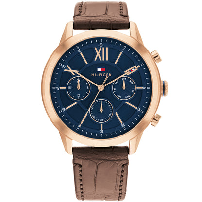 TOMMY HILFIGER Mod. 1710526 men's quartz analog watch, 44 mm case, brown bracelet, mineral dial, water resistant 5 ATM, official box.