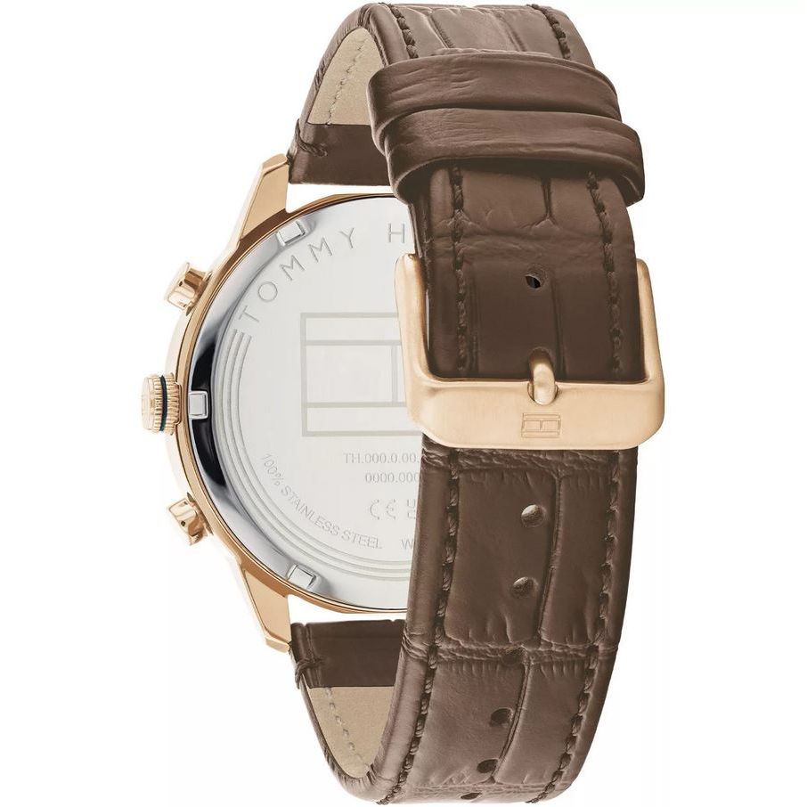 Back view of TOMMY HILFIGER Mod. 1710526 watch with leather strap and rose gold case.
