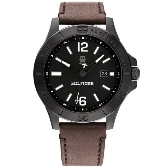 TOMMY HILFIGER Mod. 1710530 Gent Quartz Analog Watch, 46mm case, black dial, brown bracelet, water resistant, in official packaging.