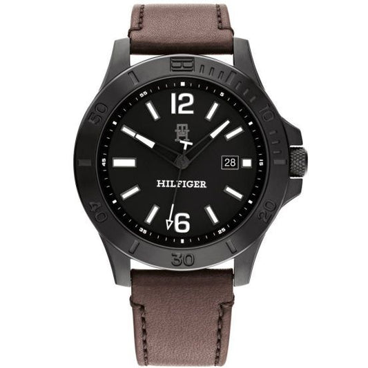 TOMMY HILFIGER Mod. 1710530 Gent Quartz Analog Watch, 46mm case, black dial, brown bracelet, water resistant, in official packaging.
