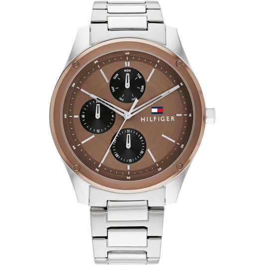 TOMMY HILFIGER Mod. 1710533 quartz analog gent's watch with 43mm case, mineral dial, and 5 ATM water resistance.