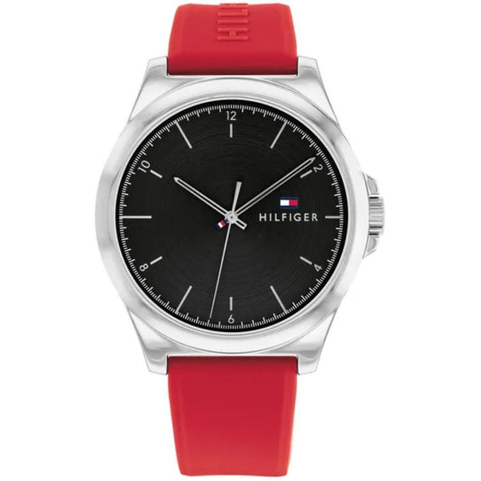 TOMMY HILFIGER Mod. 1710615 quartz analog gent's watch with black dial, 42mm case, and red strap. Water resistant up to 3 ATM.