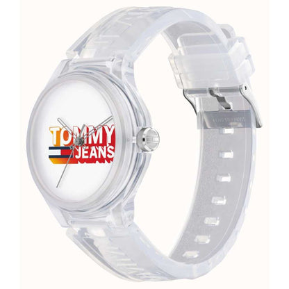 Clear strap TOMMY HILFIGER Mod. 1720027 watch with logo, quartz analog movement, and multifunction dial on mineral material.