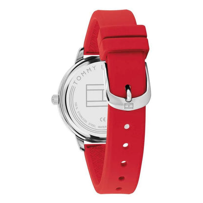 Back view of TOMMY HILFIGER Mod. 1782561 with red strap, showing watch case and buckle clasp.