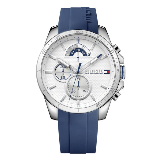 Elegant TOMMY HILFIGER Mod. 1791349 men's quartz analog watch with blue strap, 48mm case, and official packaging. Water-resistant to 5 ATM.