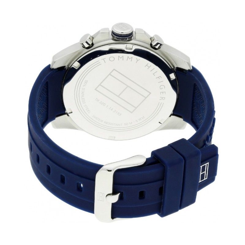 Back view of TOMMY HILFIGER Mod. 1791349 watch with blue strap, quartz movement, and water resistance 5 ATM. Mineral dial, 48mm case.