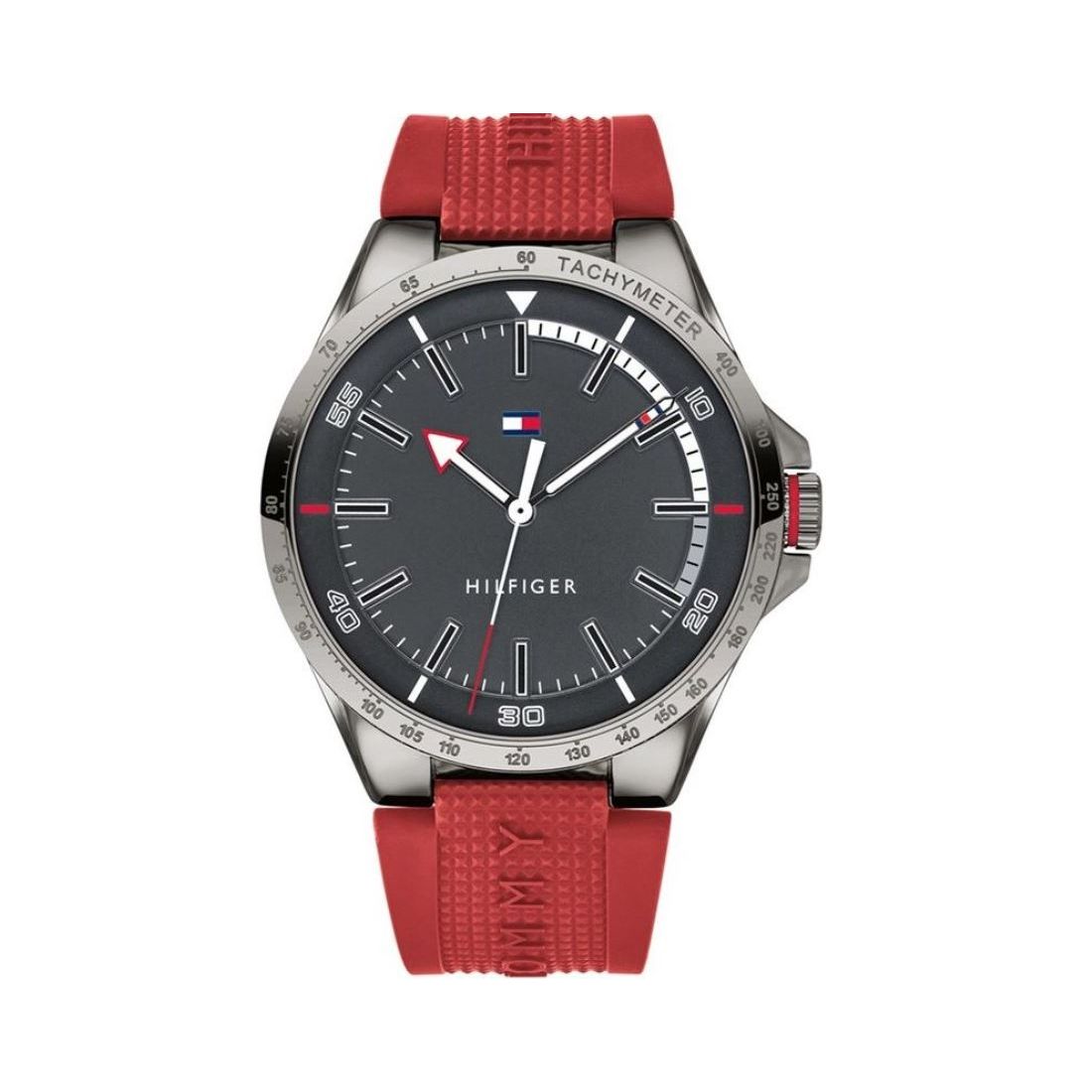 TOMMY HILFIGER Mod. 1791527 watch with red strap, 44 mm case, quartz movement, multifunction dial, water resistant to 3 ATM.