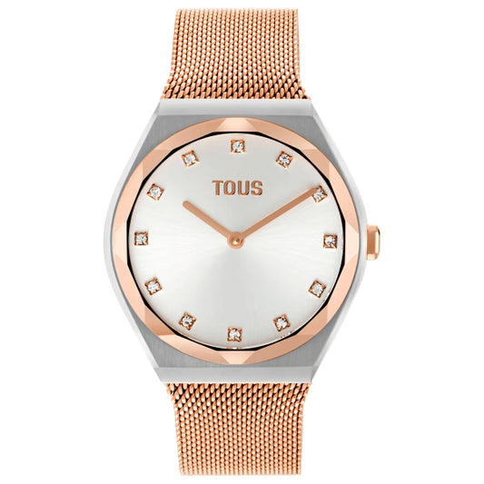TOUS WATCHES Mod. 3000139900 featuring a rose gold mesh band and diamond markers on a silver dial.