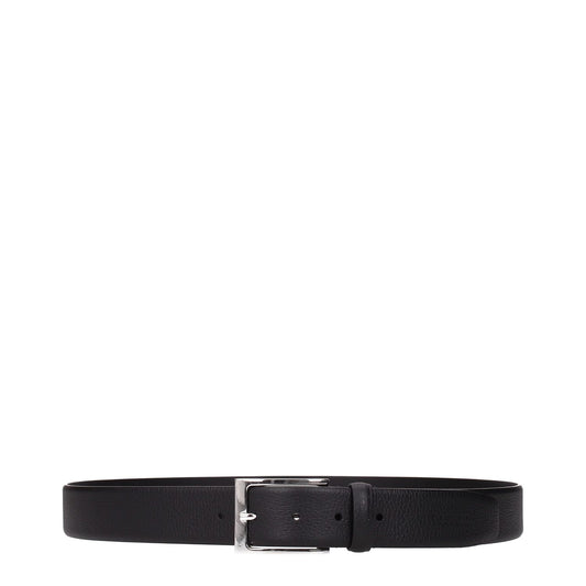 Testoni Black Leather Regular Belt with silver buckle and 3.5 cm height, stylish accessory made from premium black leather.
