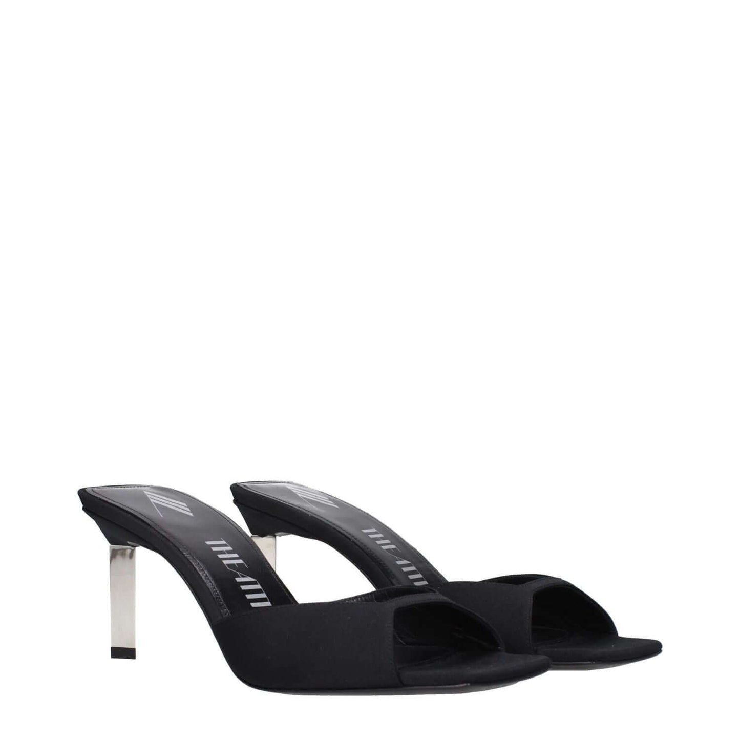 The Attico Black Satin Stiletto Heel Sandals with open toe and mid heels, leather sole, style S774V015100.
