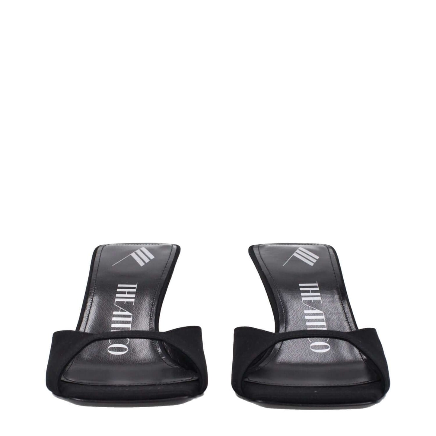 The Attico Black Satin Stiletto Heel Sandals with open toe and mid heel, featuring leather sole.