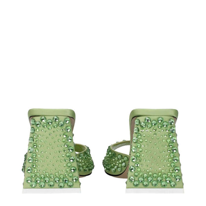 The Attico Green Satin Stiletto Heel Sandals with rhinestones, leather sole, 8.5 cm mid heels, lime accents, and open toe design.