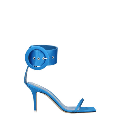 The Attico Light Blue Satin Stiletto Heel Sandals with buckle closure, open toe, mid heel, and leather sole.